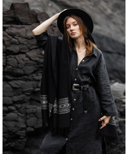 Black shawl on shoulder