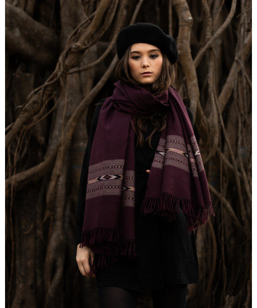 Grand chale en pure laine merinos couleur cassis porter autour du coup